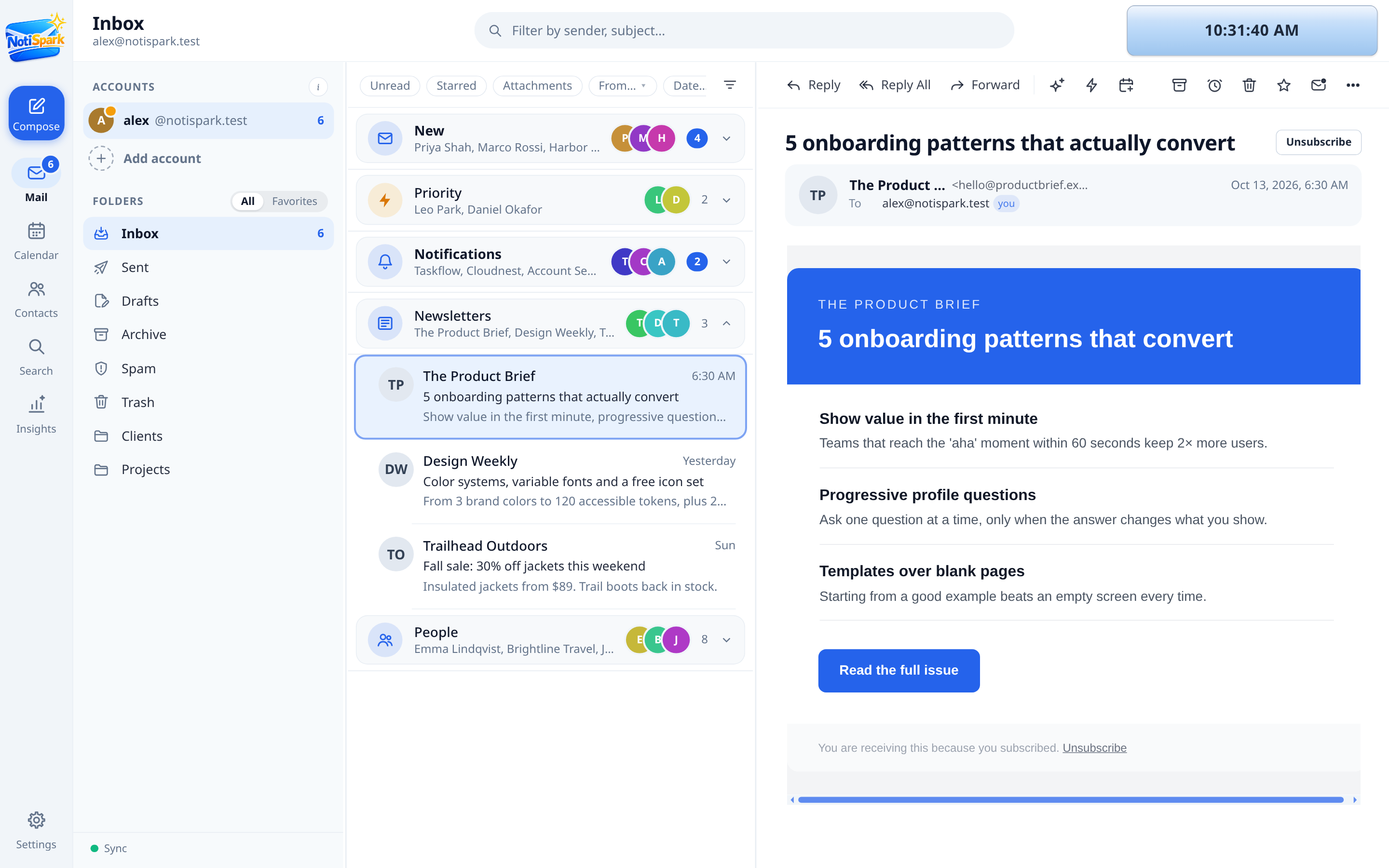NotiSpark Smart Inbox with cards for Pinned, New, Priority, People, Newsletters and Notifications