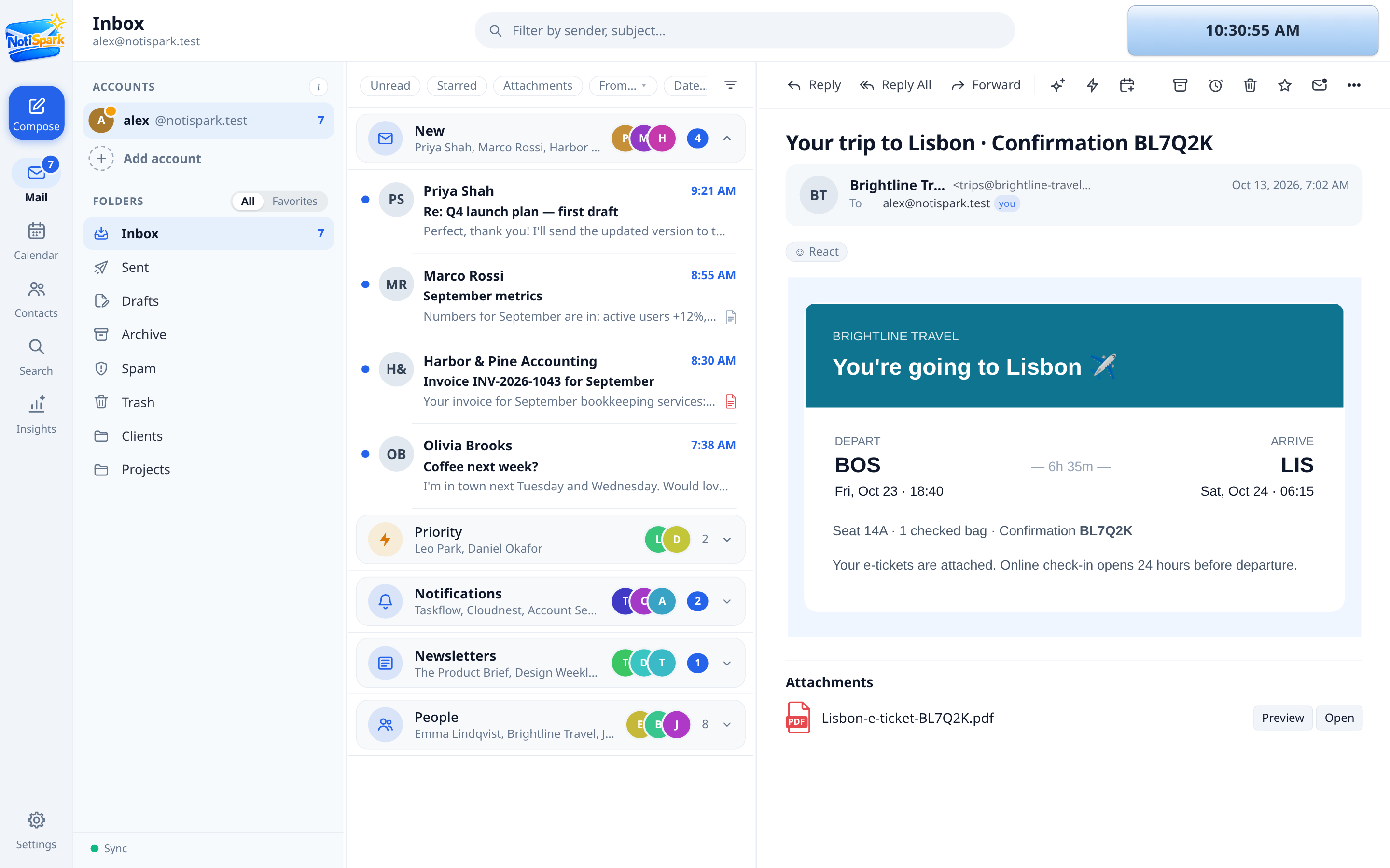 NotiSpark inbox in the Light color theme