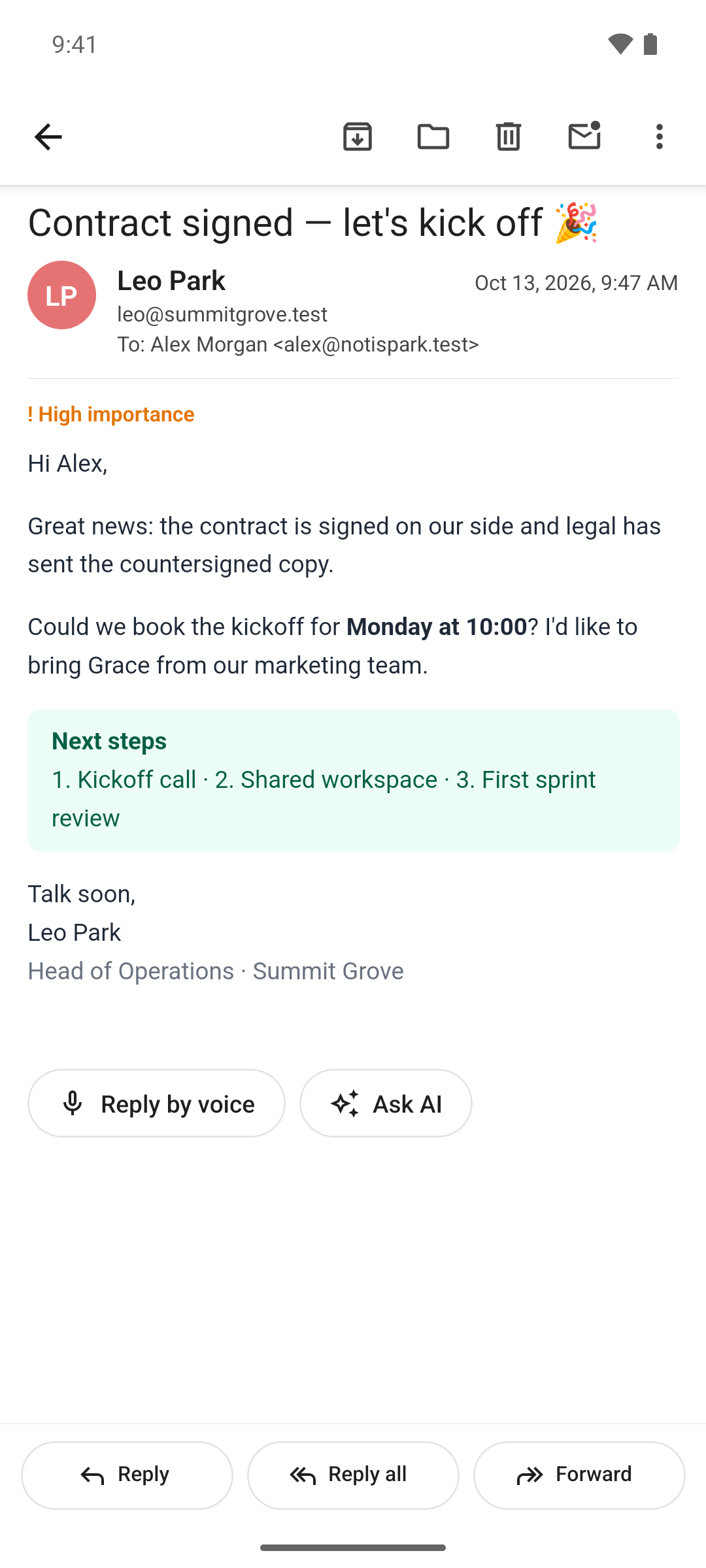 An email open in the NotiSpark Android app with the reply bar